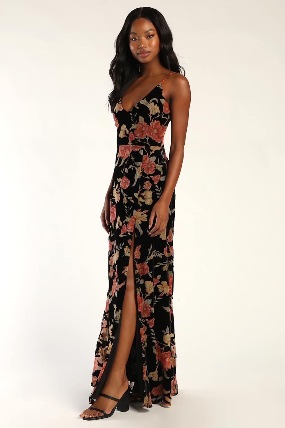 Nwt Lulus Alluring Blooms Black Floral Burnout Velvet Maxi Dress Gala Banquet L